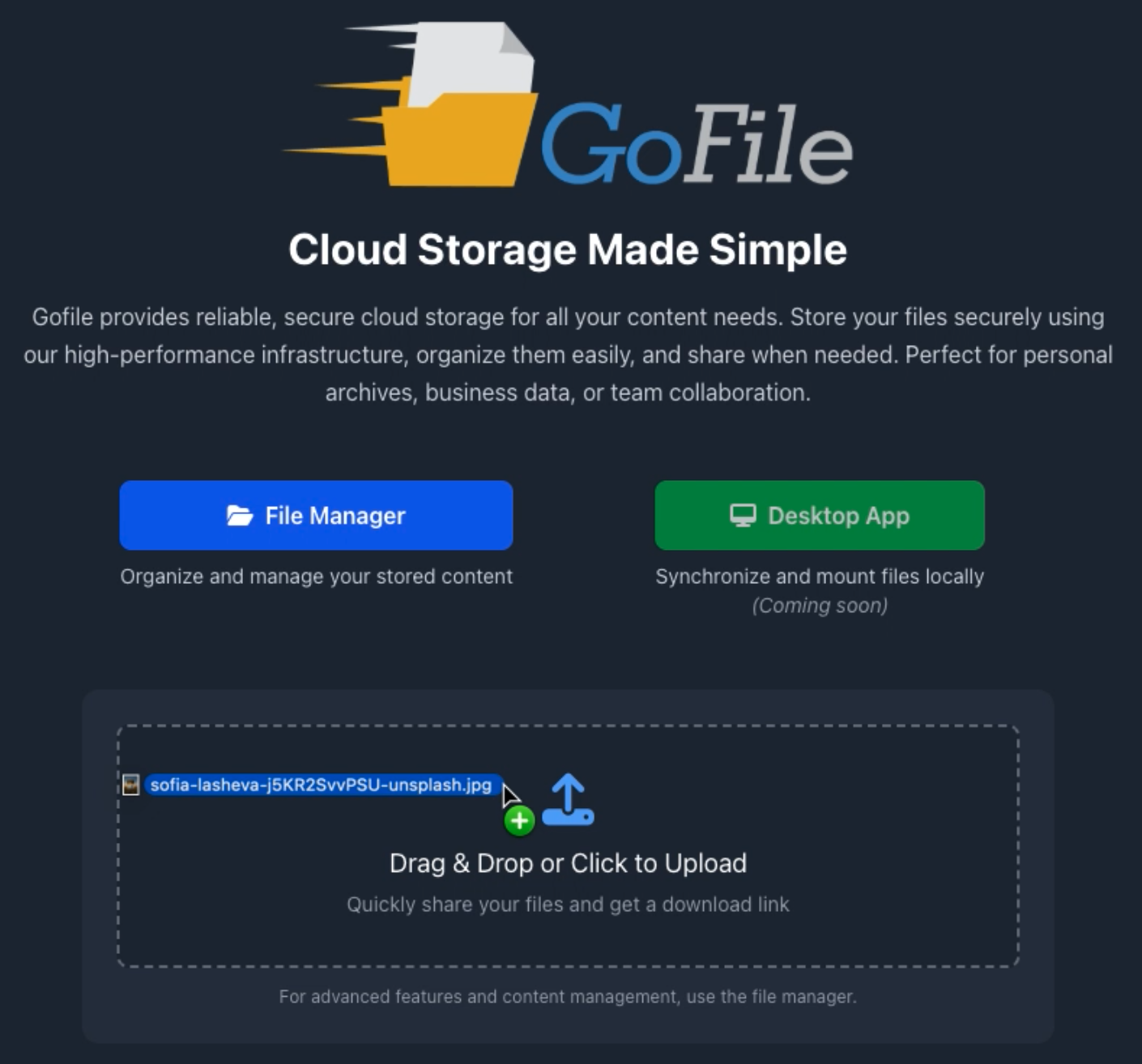 Gofile homepage with drag-and-drop upload area and File Manager button